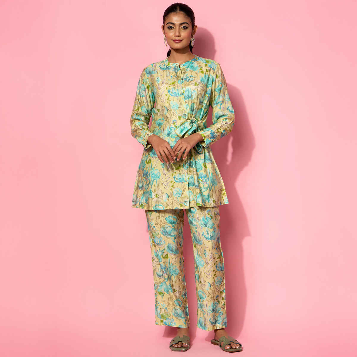 Libas Women's Printed Silk Blend Co-Ords | Green - L