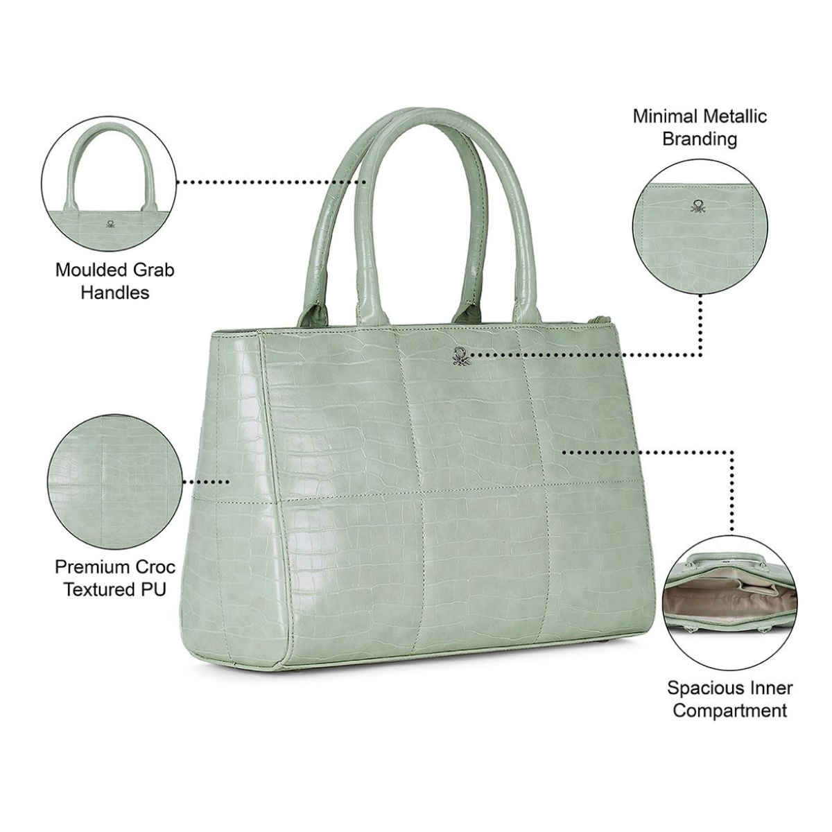 United Colors Of Benetton Women's Textured PU 11.5 L Long Handle Tote Bag | Pista Green - M