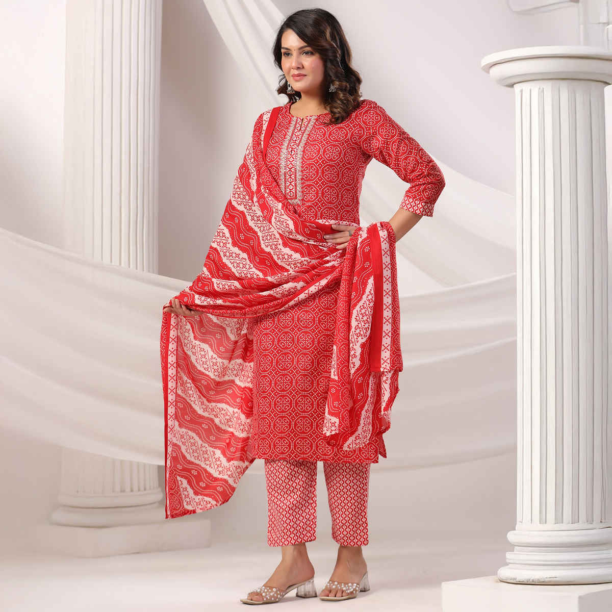 Indo Era Women's Printed Straight Kurta Pant with Dupatta set | KH0MR10930 | Maroon - M