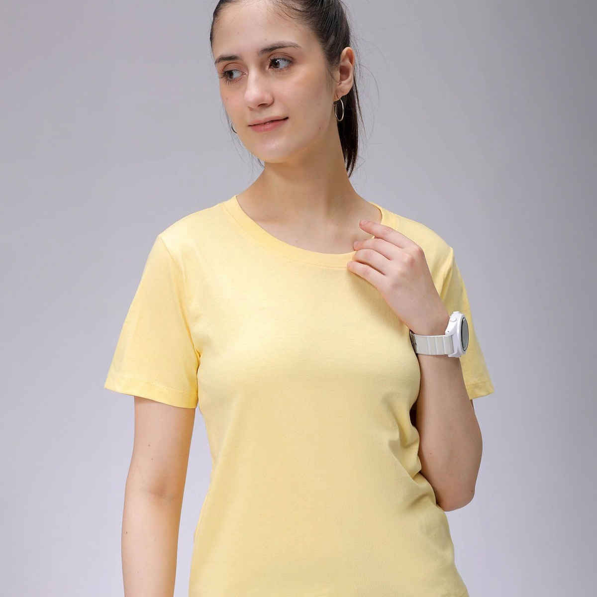 Freehand Women's Casual Regular Solid Crew Neck T-shirt | 0424-Zfhcntee3-07 | Pineapple - S