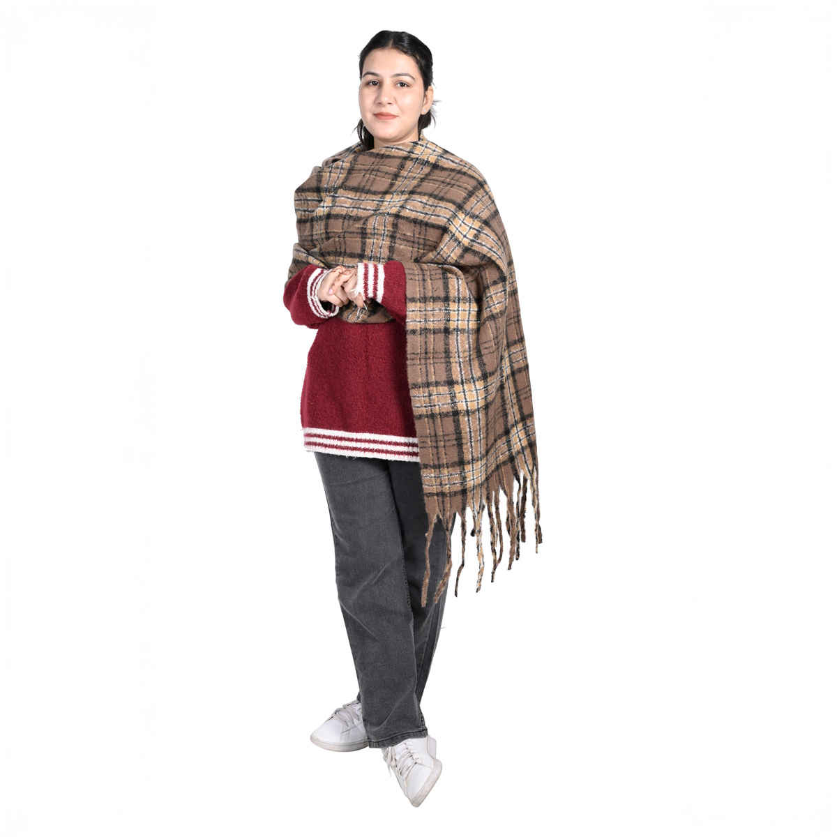 Calvadoss Women's Checked Stole With Fringed Border | STL1530 | Brown and Beige