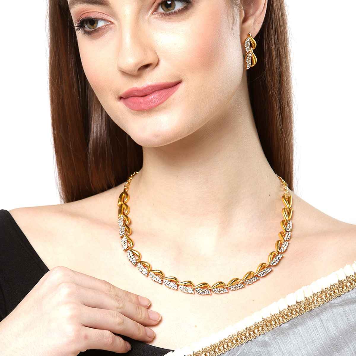 Zeneme Gold Plated Cubic Zirconia Necklace Set Jewellery With Earrings Jewellery For Women & Girls