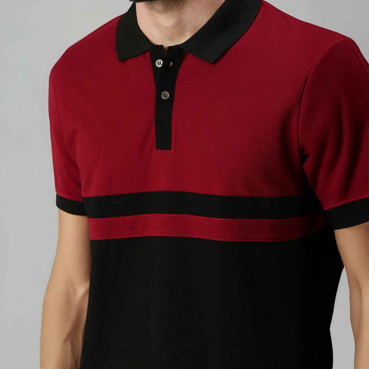 VEIRDO Men's Colorblock Regular Polo T-Shirt | P-22 BLK MRN | Maroon - XL