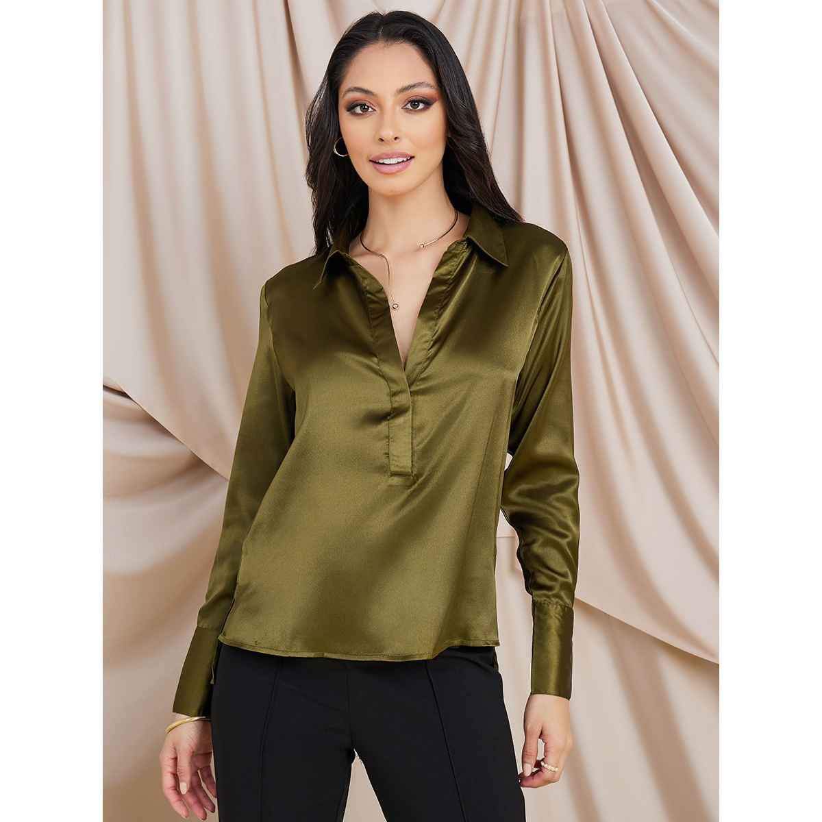 Styli Women's Satin Shirt with Solid Design, Collared Neck and Regular Fit | Green - XL