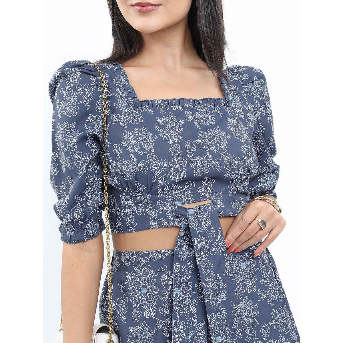 Ketch Women Floral Printed Crop Kaftan Top and Trouser Co-ords | Blue | M