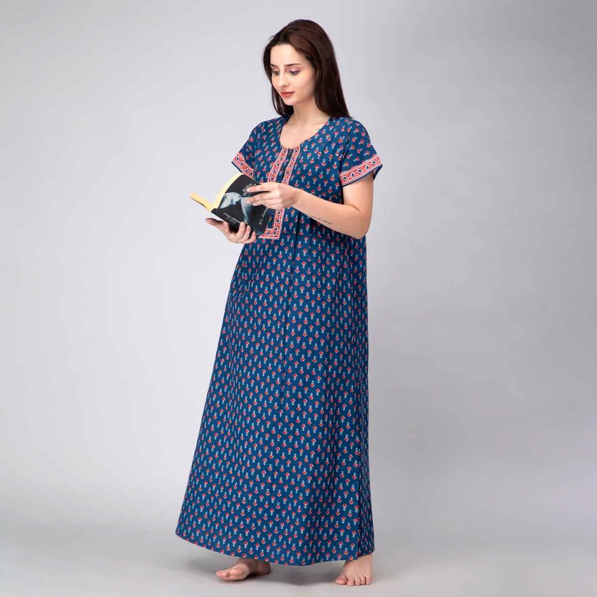 Nihsamah Women's Cotton Essential Button-Up Nighty | Full Length | Indigo - XL