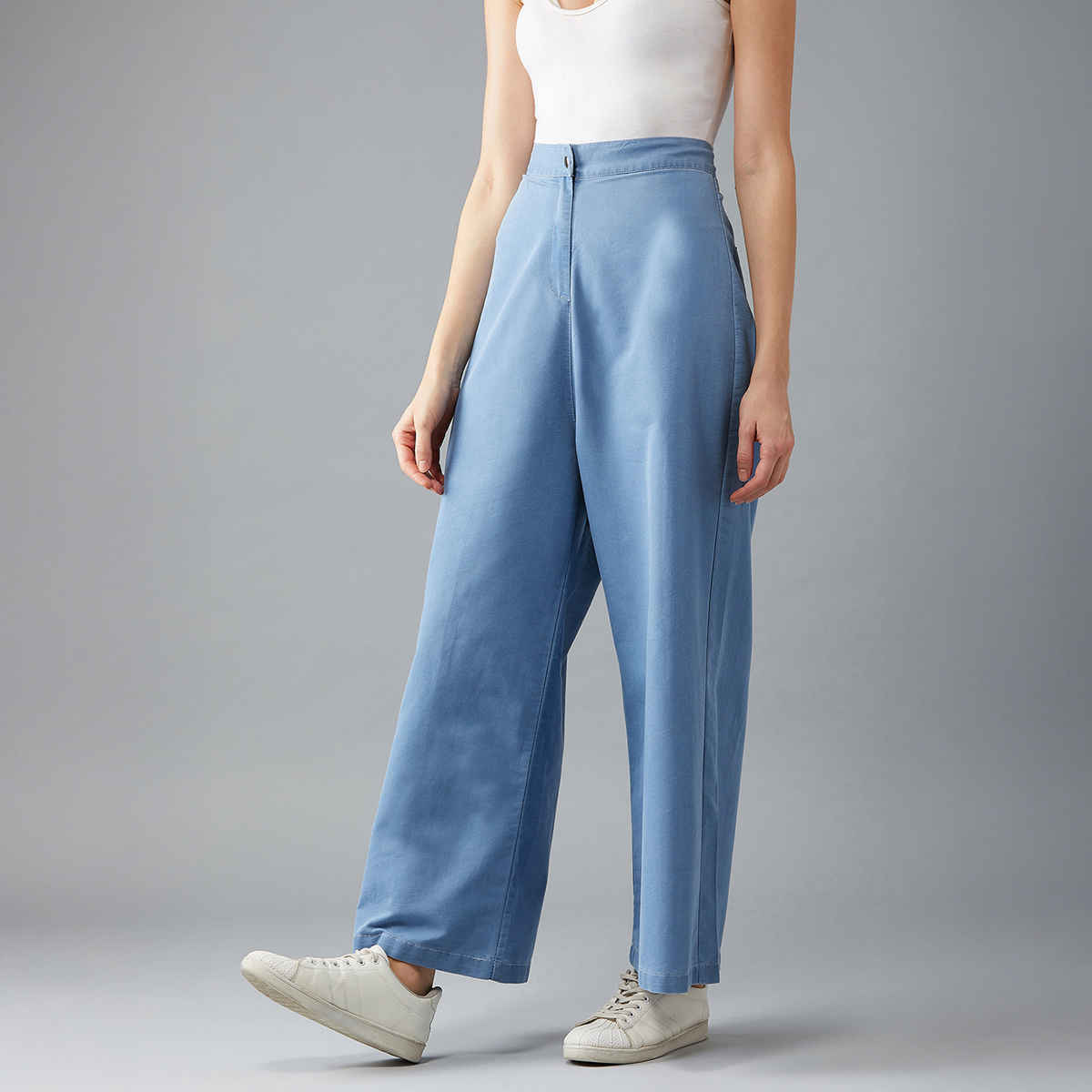 Miss Chase Women's Flared Wide-Leg High Rise Non-Stretchable Lightweight Denim Pants | Blue - 28