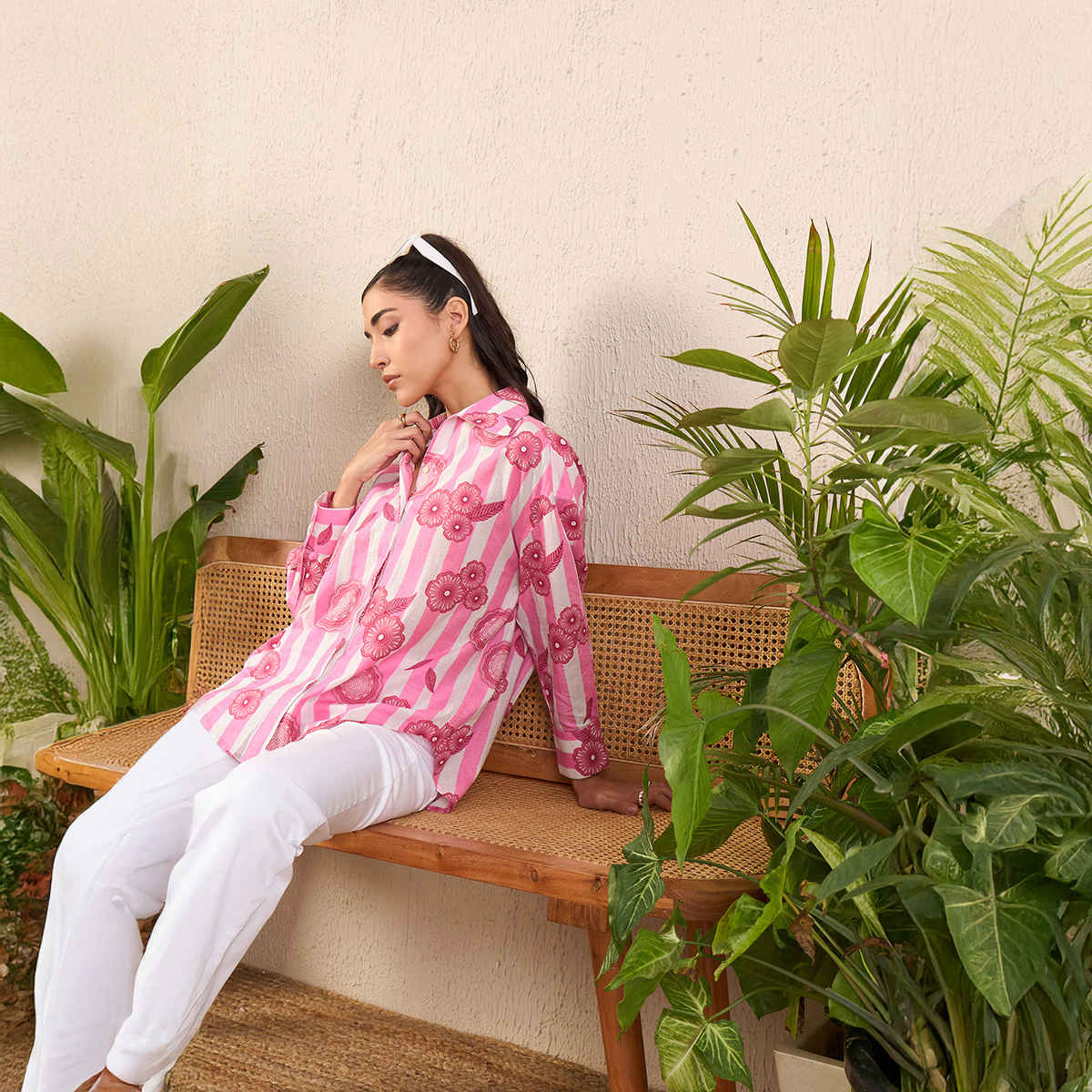 Uptownie Women's Printed Asymmetrical Cotton Shirt | Pink - XL