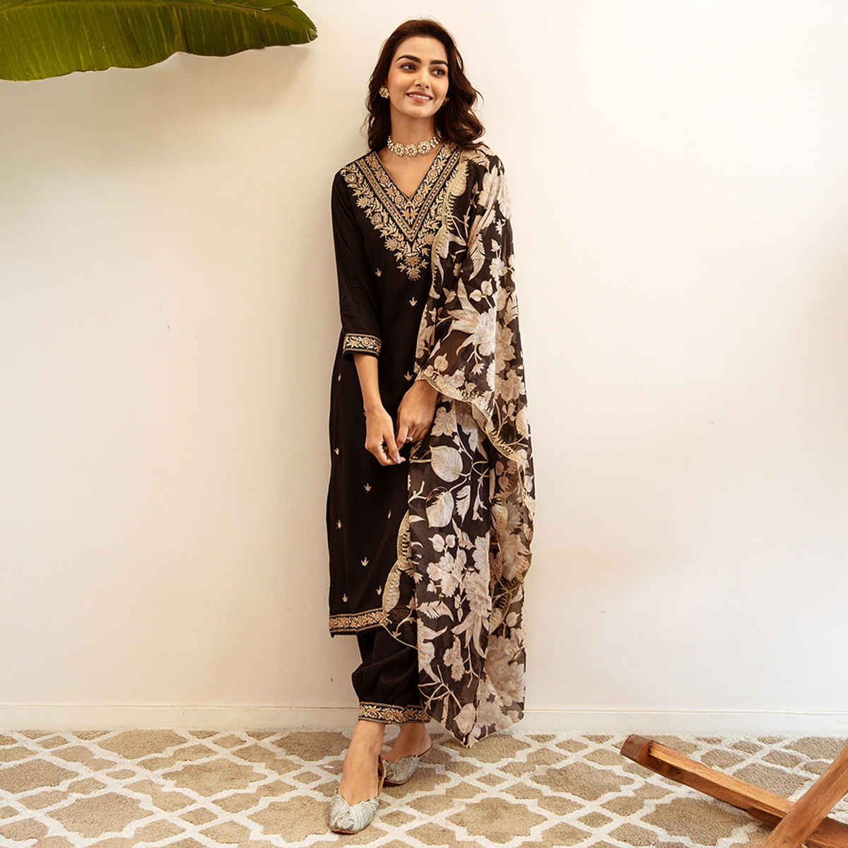 Indo Era Women's Viscose Rayon Embroidery Straight Kurta with Dupatta Set | KH5BK6147 | Black - S