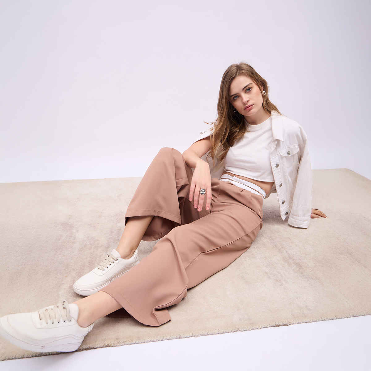 Styli Women's Solid Wide Leg Pant with Cut & Sew Constructive Waistband | Beige - S
