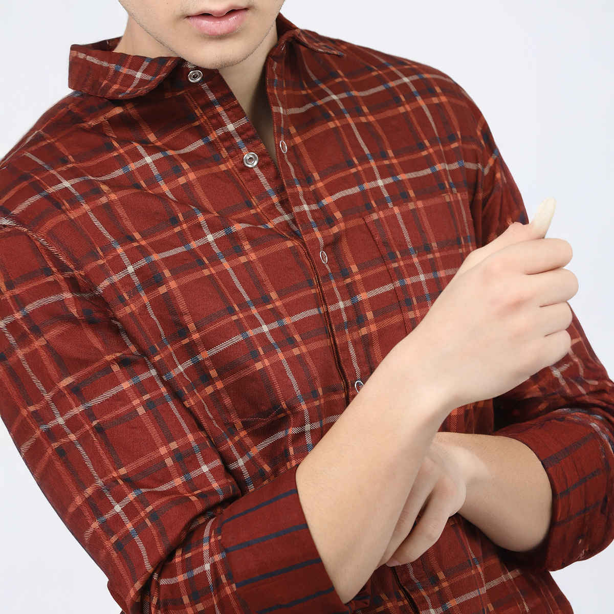 HIGHLANDER Men's Slim Fit Tartan Checked Reversible Casual Shirt | Rust & Navy Blue - S