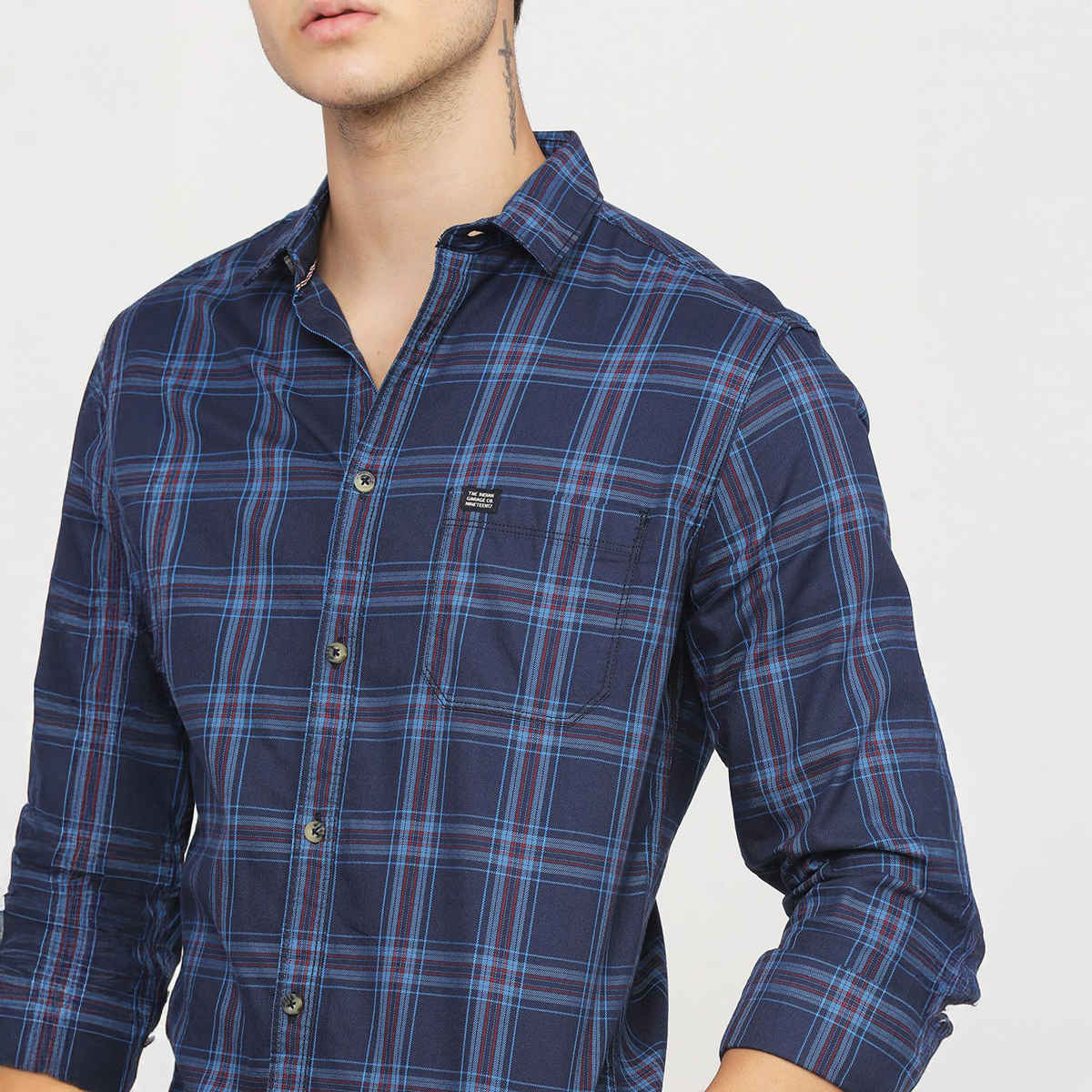 The Indian Garage Co Men's Slim Fit Checkered Casual Shirt | Navy Blue - L