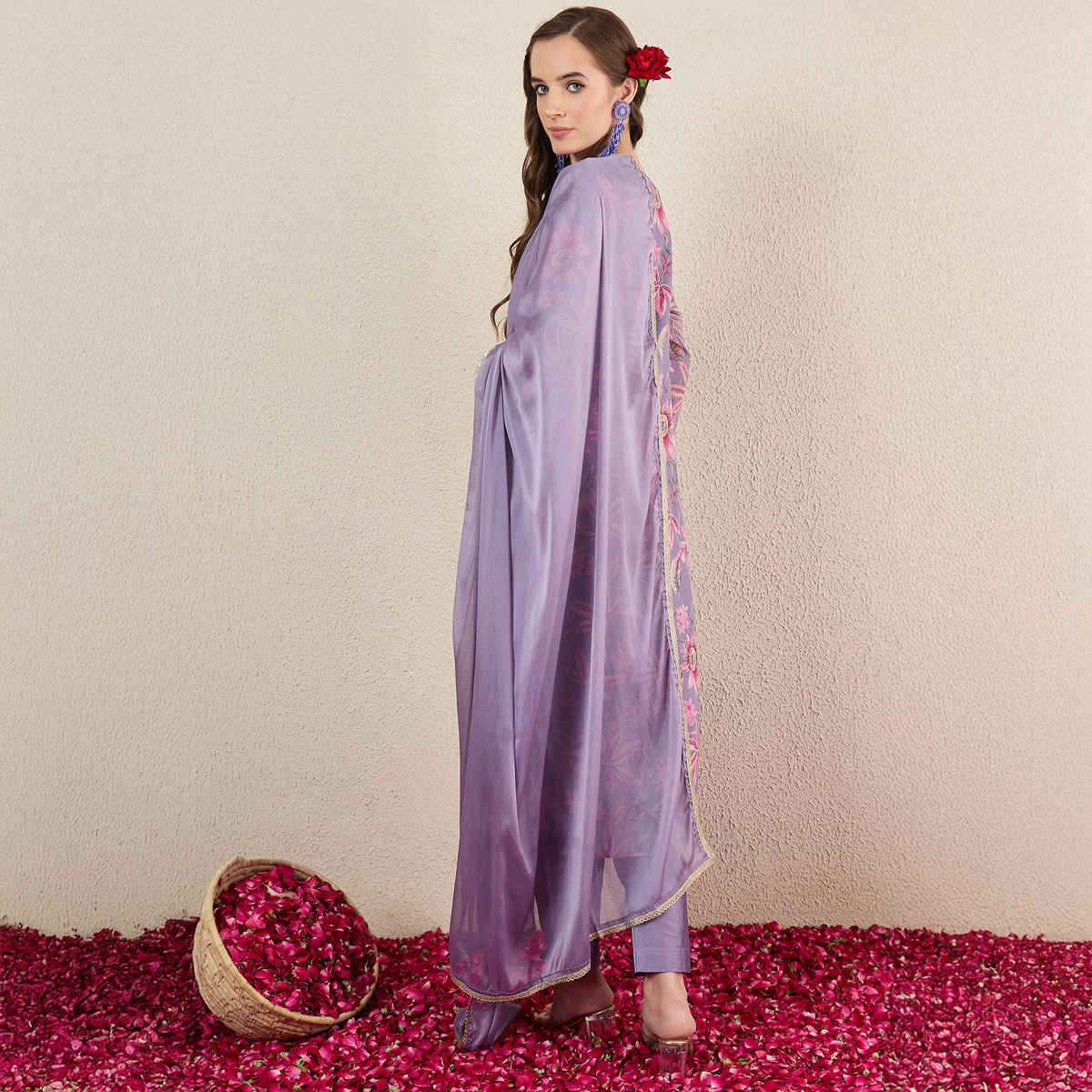 Indo Era Women's Printed Straight Kurta Pant with Dupatta set | KH9LV10858 | Lavender - S