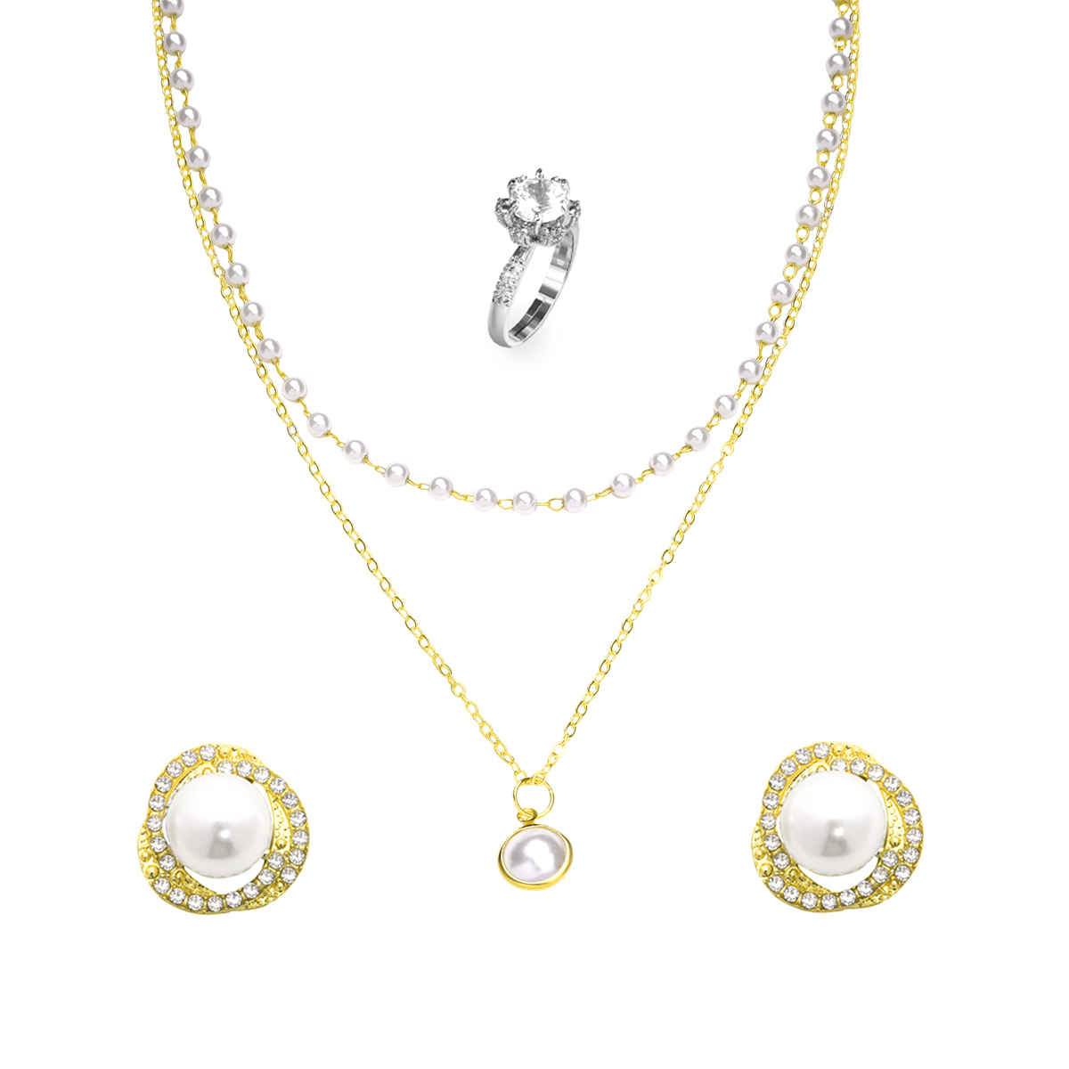 Estailo Fashion Pearl Earrings, Layered Necklace & Solitaire Ring Combo - Elegant Trio