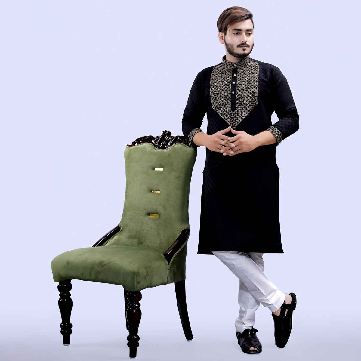 Tibra Collection Men Straight Kurta - Black | Designer | Cotton Blend | L