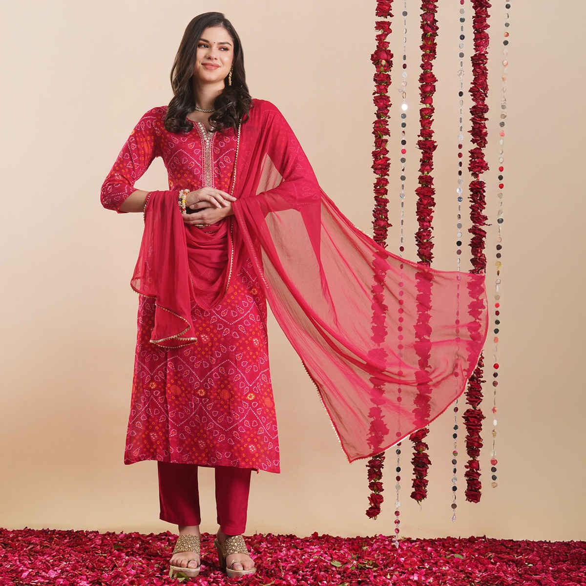 GoSriKi Women's Rayon Blend Straight Printed Kurta with Pant & Dupatta | TURAE | Rani - M