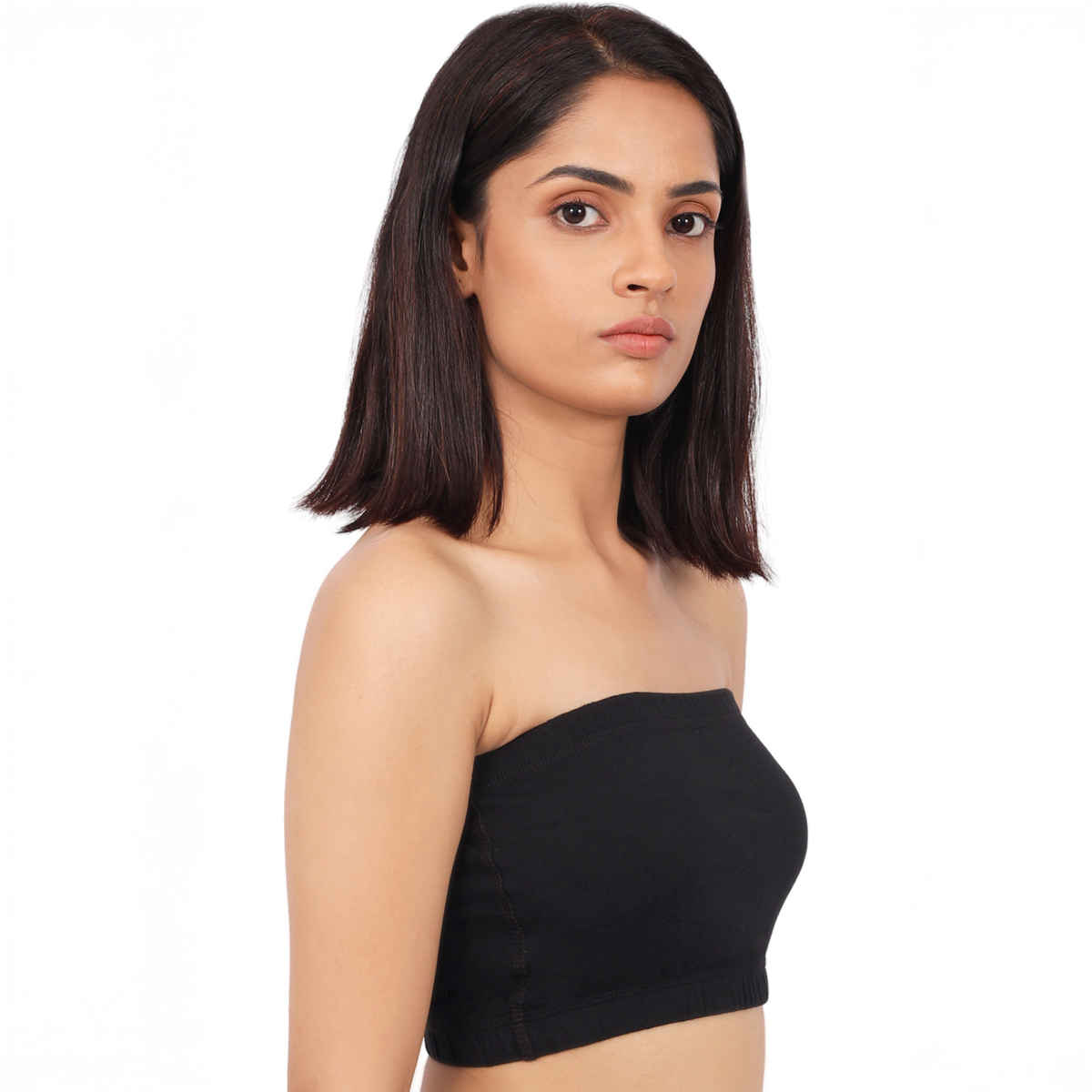 D'chica Double-Layer Cotton Strapless Bra | Non Padded Bandeau | Solid Black - L