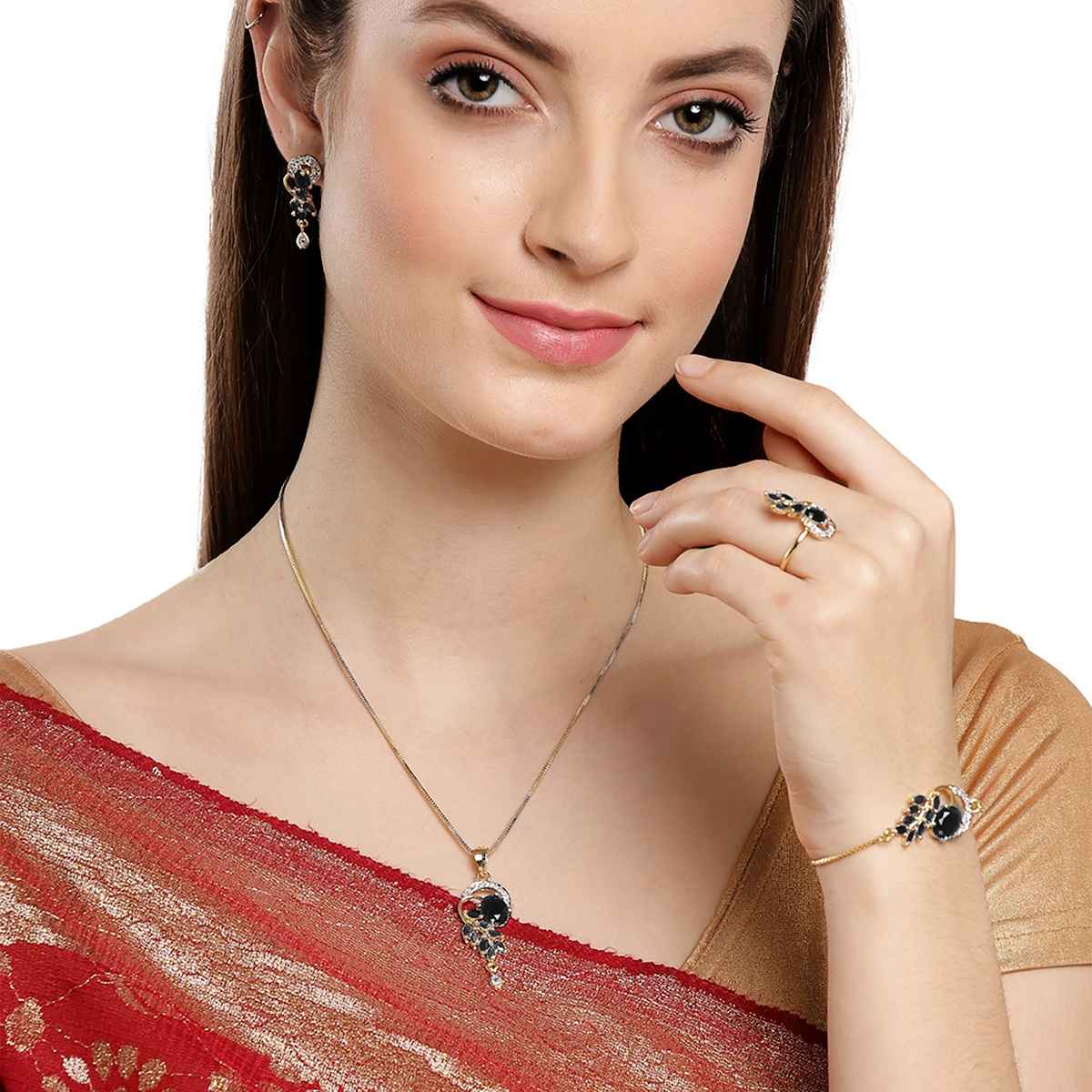 Zeneme Gold-Plated Black Cubic Zirconia Studded Handcrafted Jewellery Set For Girls and Women