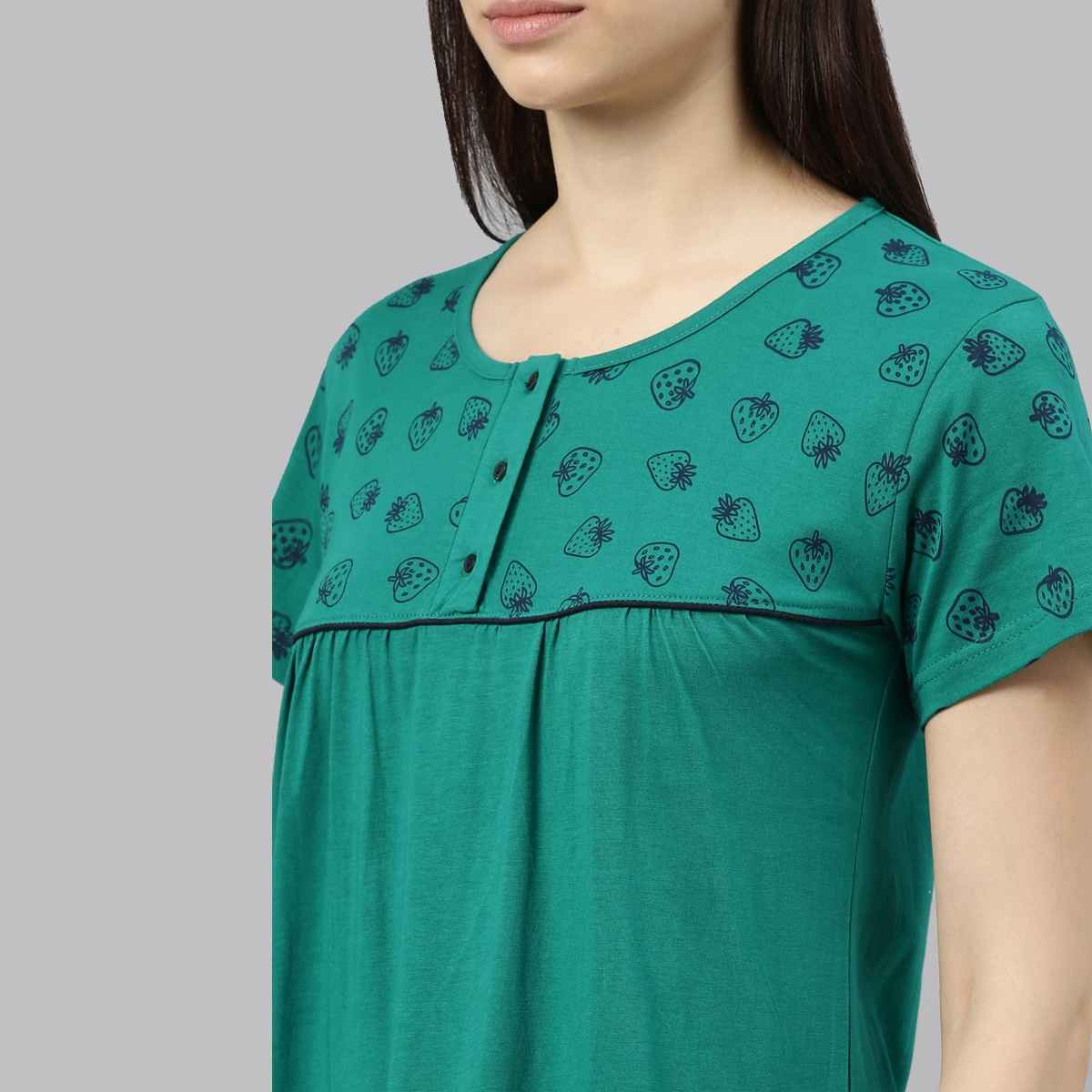 Kryptic Women Printed Pure Cotton Maxi Nightdress | Dark Teal Green - M