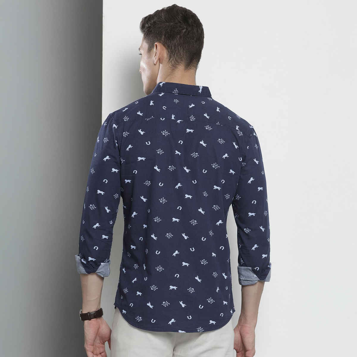The Indian Garage Co Men's Regular Fit Animal Print Casual Shirt | Navy Blue - 2XL