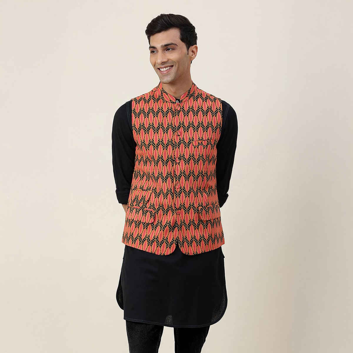 Fabindia Men's Nehru Jacket Cotton Printed Slim Fit | Black - M
