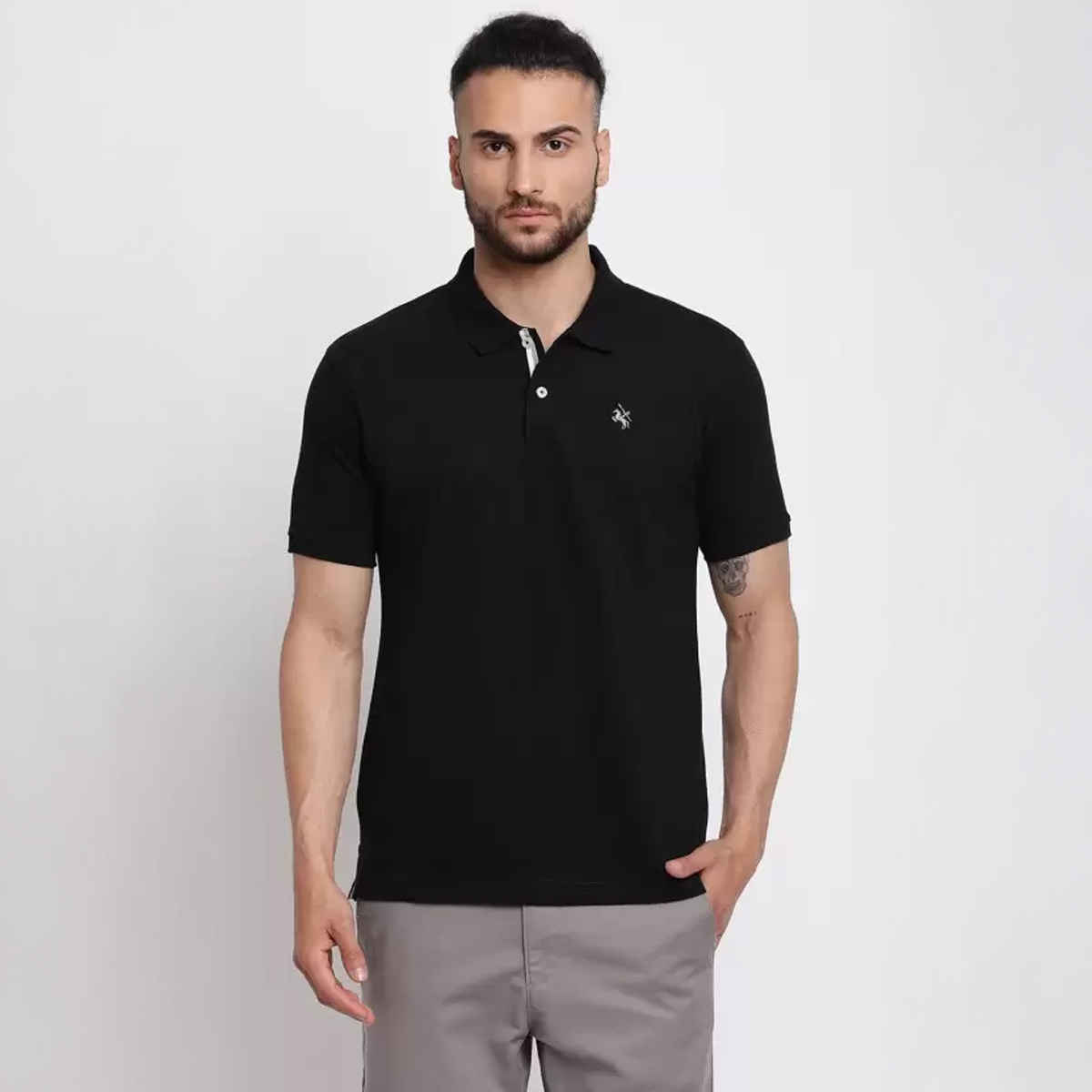 Cantabil Men's Solid Polo Neck Casual T-shirt | Black - L
