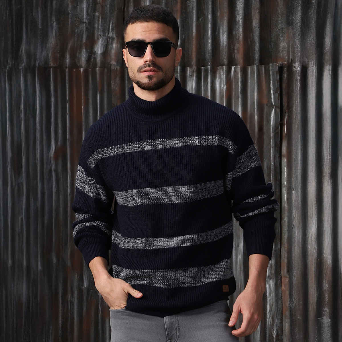High Star Men's Striped Pullover | Black & Grey - S