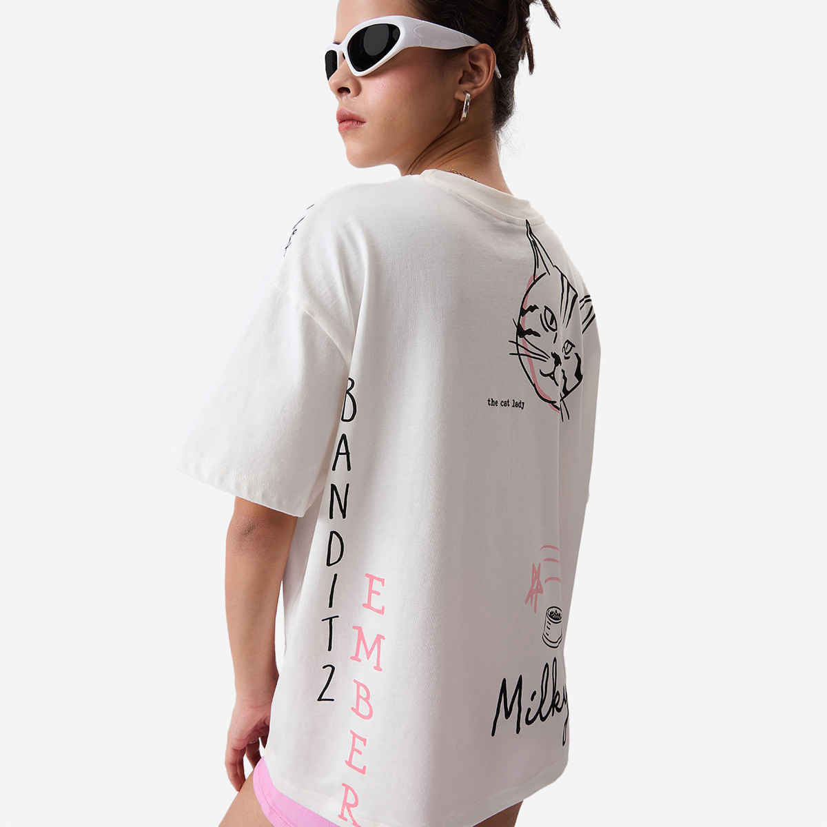 The Souled Store Women's The Office Angela's Cats Oversized T-shirt | White - S