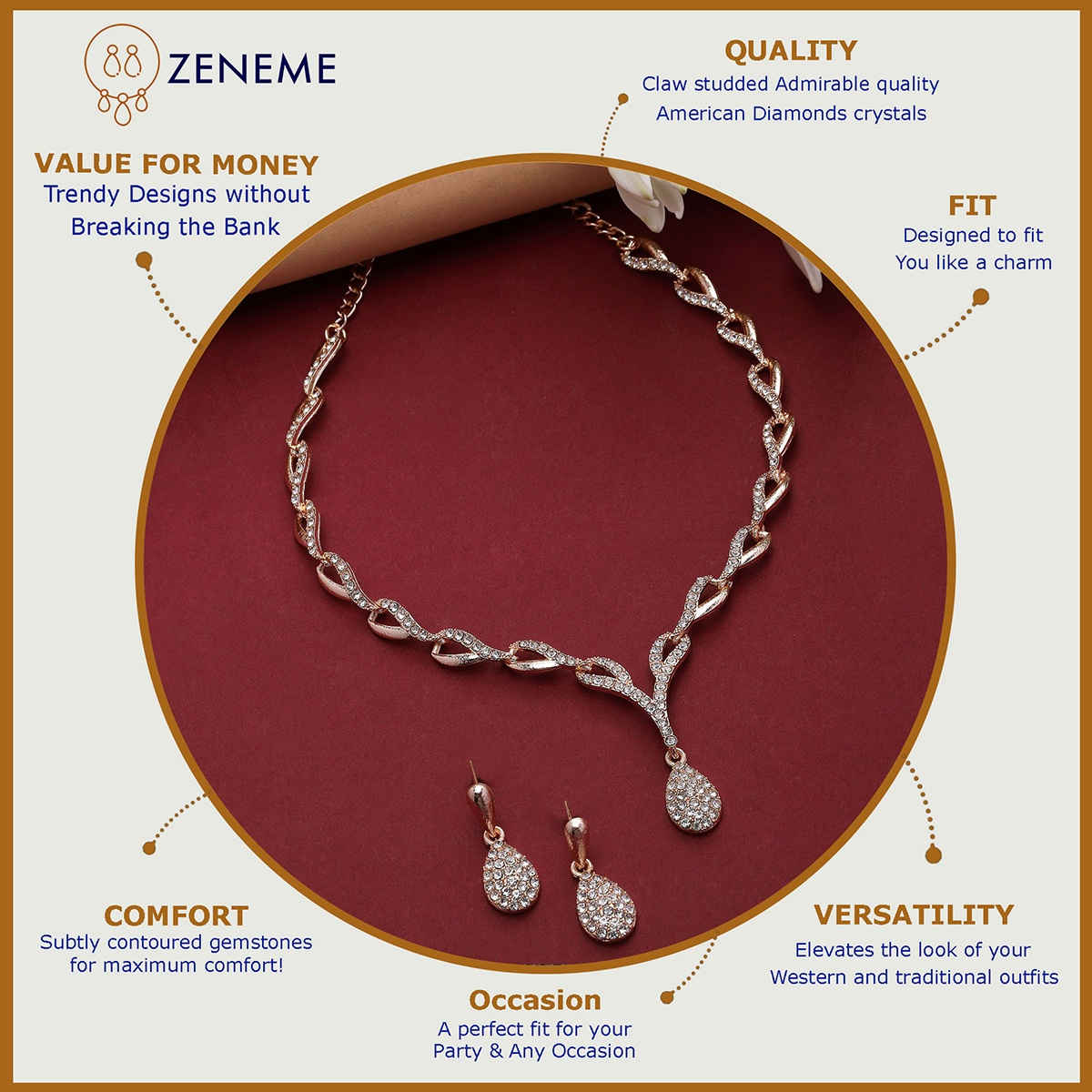 Zeneme Gold-Plated Cubic Zirconia Studded Teardrop Shaped Jewellery Set For Women & Girls