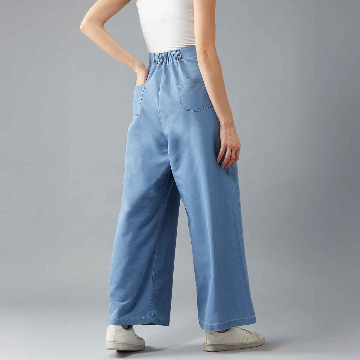 Miss Chase Women's Flared Wide-Leg High Rise Non-Stretchable Lightweight Denim Pants | Blue - 28