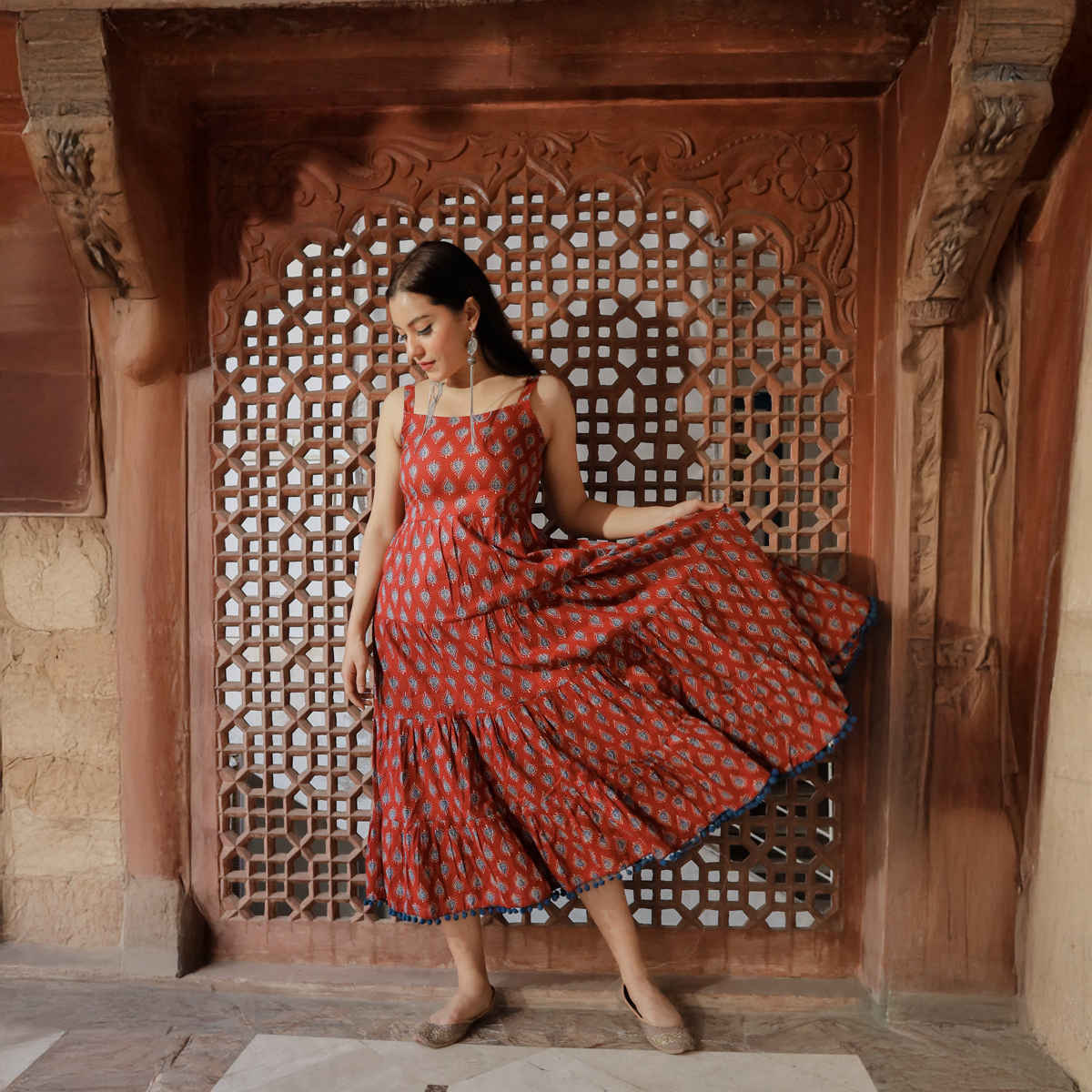 Divena Women s Maroon Buti Printed Shoulder Strip Long Dress | DK0717 | XL