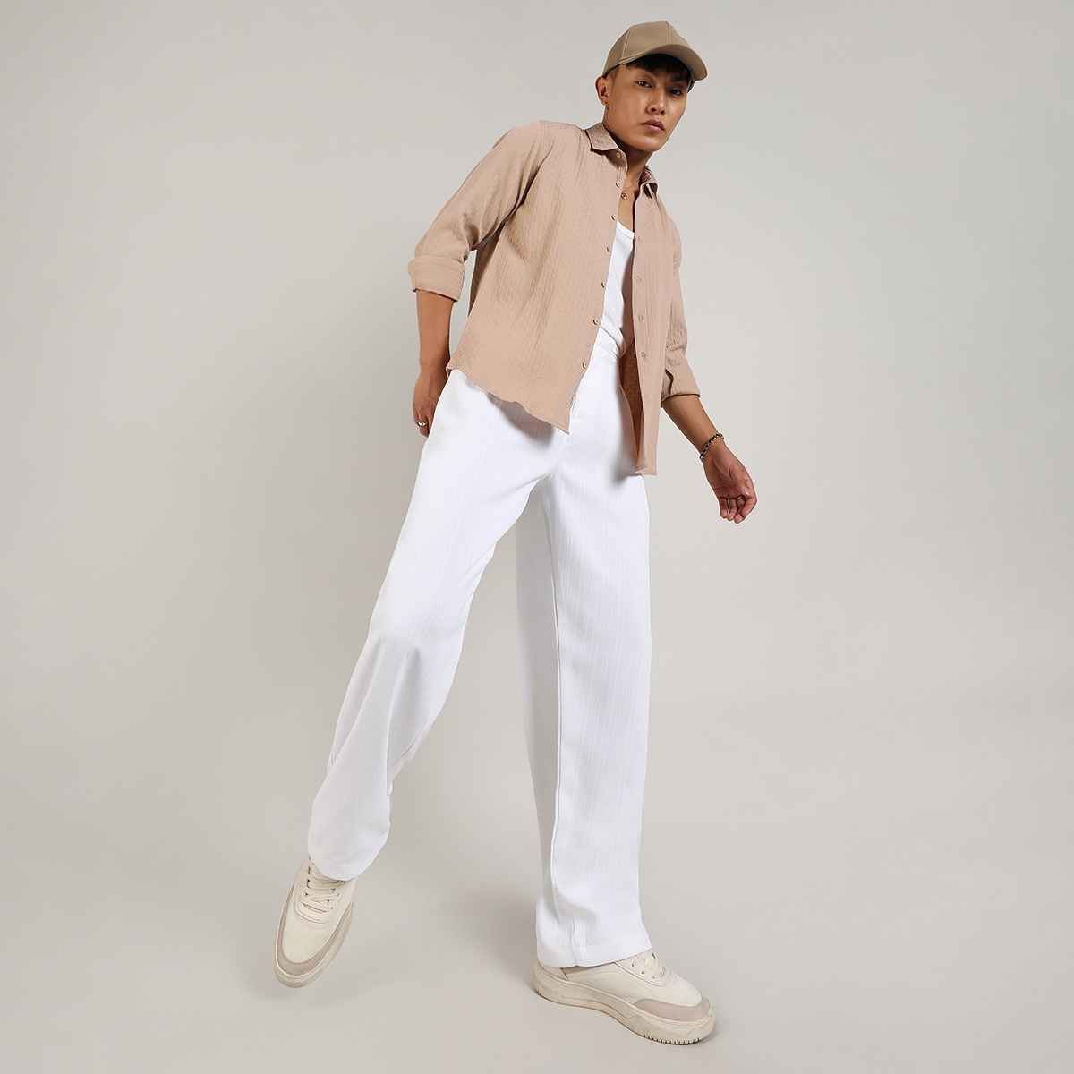 Campus Sutra Men's Tailored Linen-Blend Trousers | White - 36