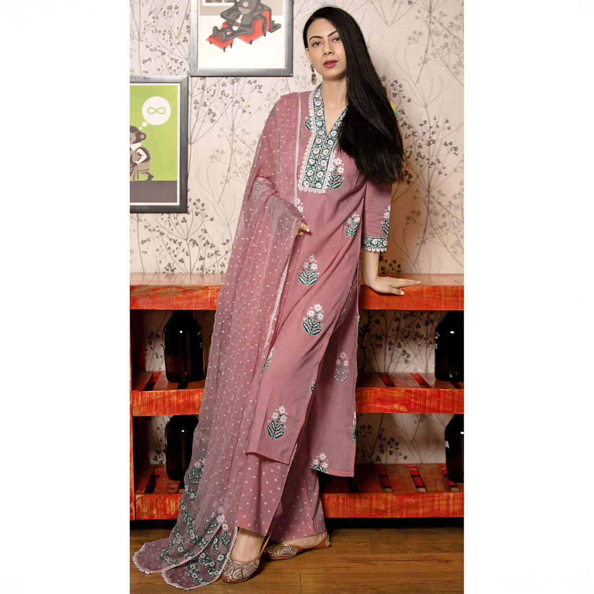 GoSriKi Women's Rayon Blend Straight Printed Kurta with Pant & Dupatta | BELAGAVI | Purple - XL