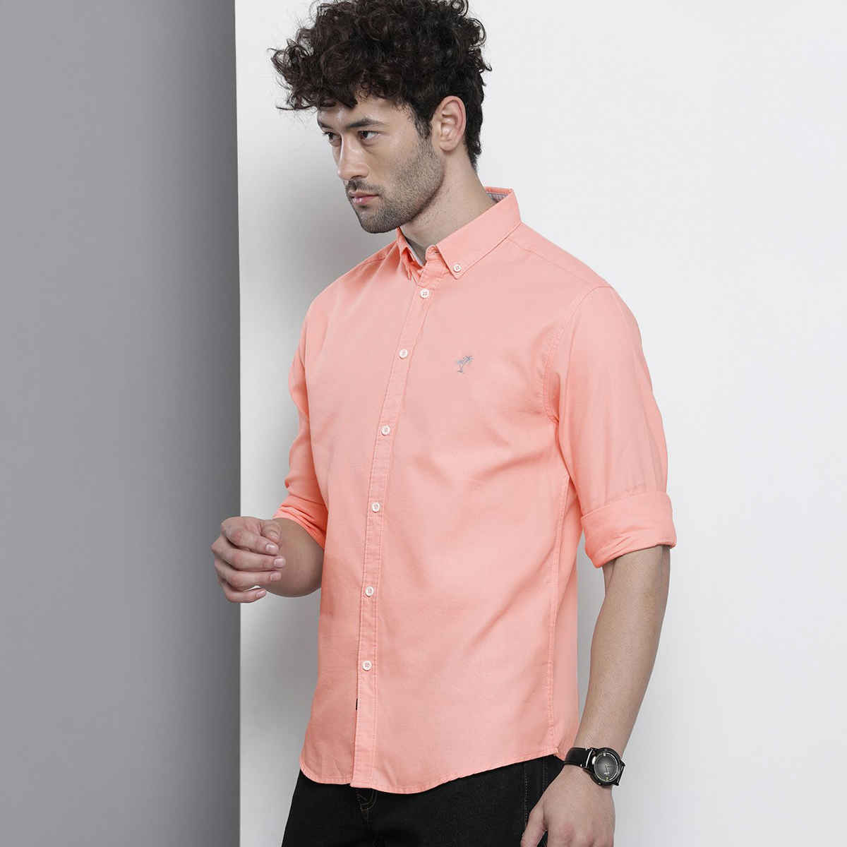 The Indian Garage Co Men's Slim Fit Placement Embroidery Casual Shirt | Pink - S