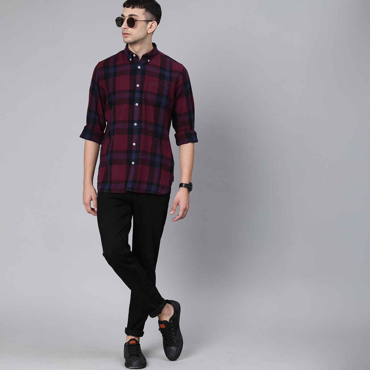 The Bear House Men Slim Fit Flannel Button-Down Casual Shirt - Uber | Maroon | L