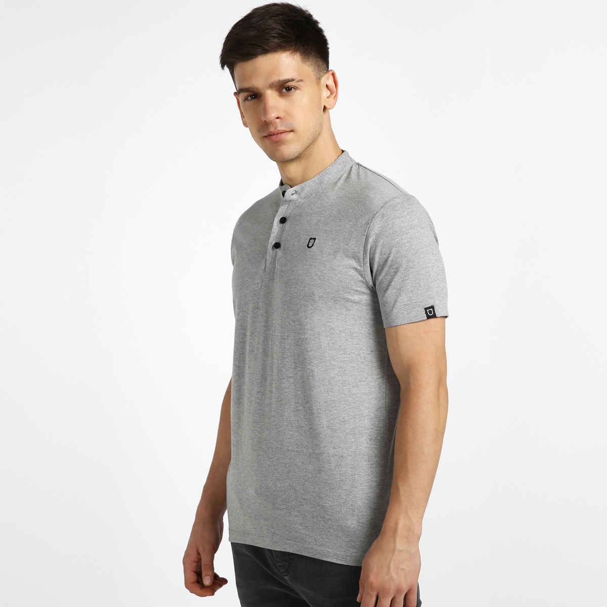 Urbano Fashion Men's Grey Melange Solid Mandarin Collar Slim Fit Half Sleeve Cotton T-Shirt-M