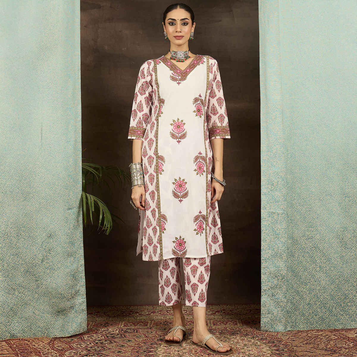 INDO ERA Women's Printed Straight Kurta Pant Set | KS0WH10771 | White - M