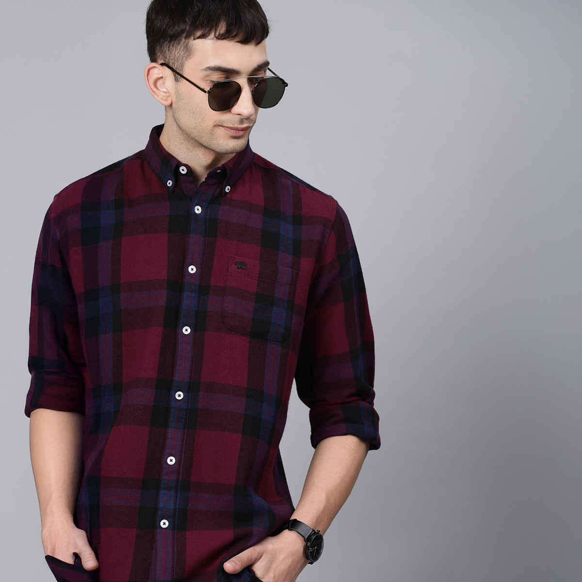 The Bear House Men Slim Fit Flannel Button-Down Casual Shirt - Uber | Maroon | L