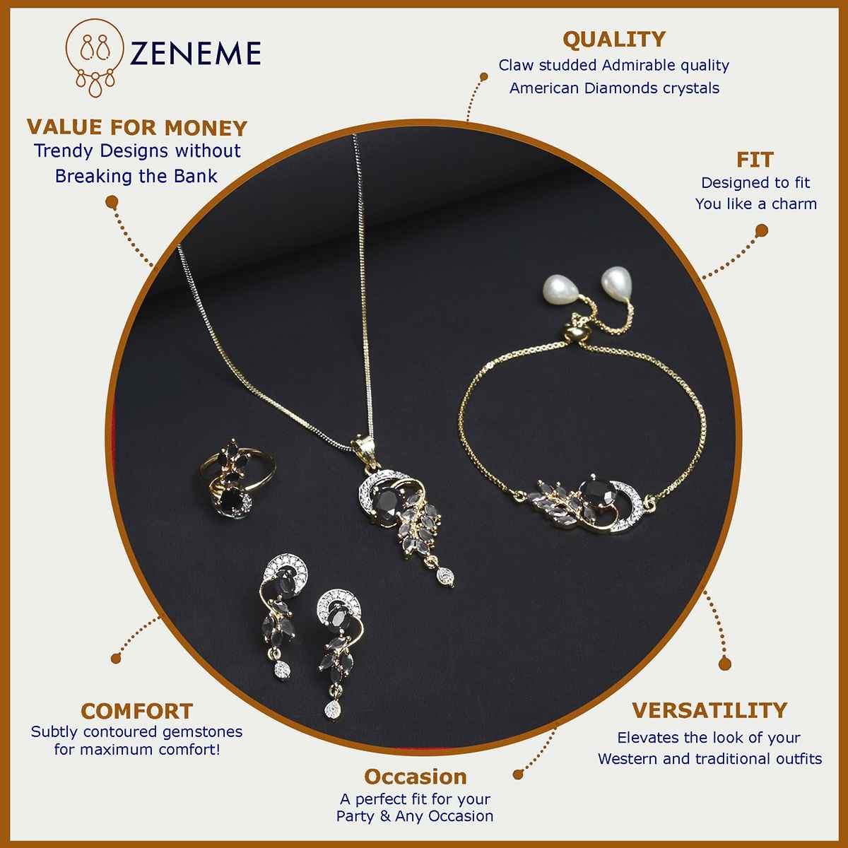 Zeneme Gold-Plated Black Cubic Zirconia Studded Handcrafted Jewellery Set For Girls and Women