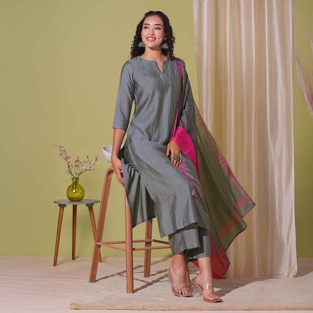 GoSriKi Women's Viscose Rayon Straight Solid Kurta with Pant & Dupatta | MOGUL | Grey - S