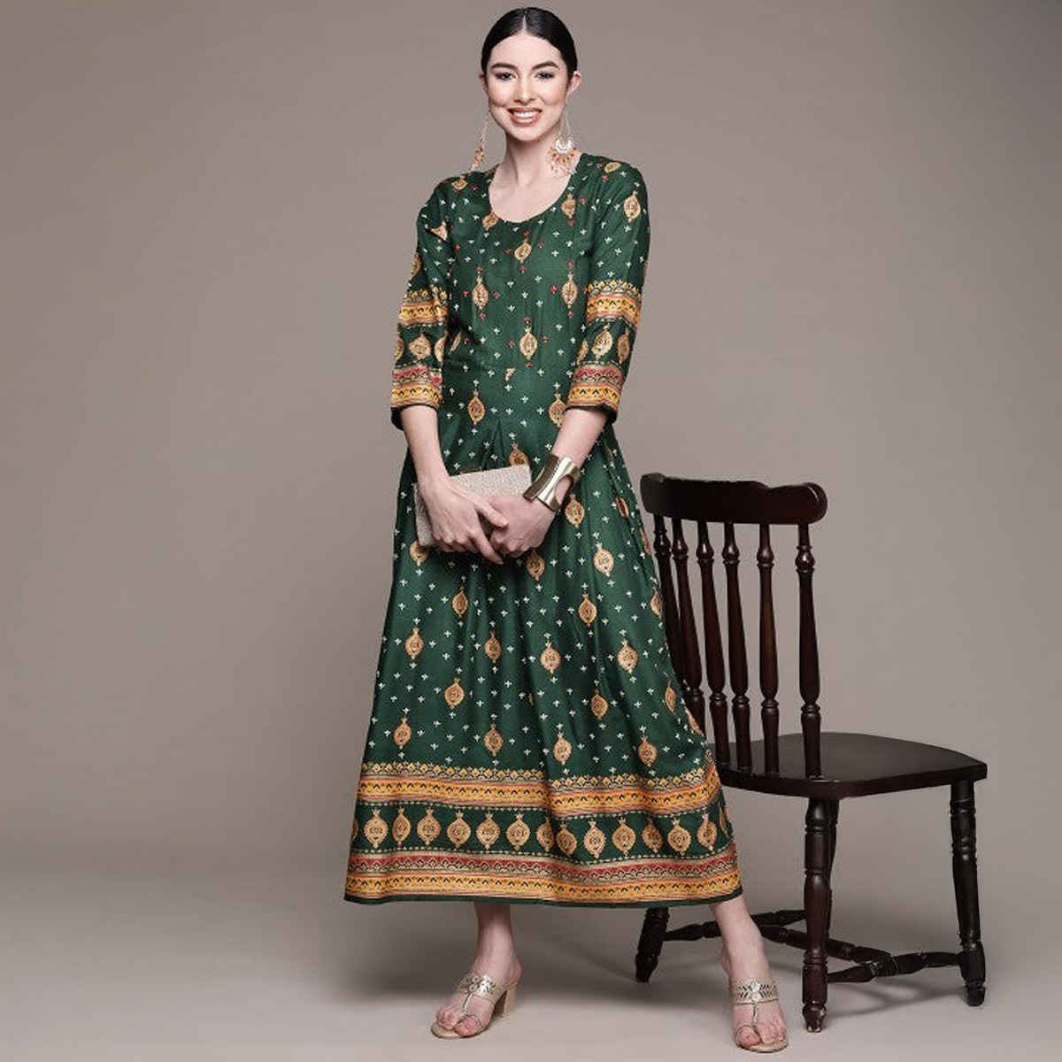 Anubhutee Women Printed Ethnic Dress | Green - L