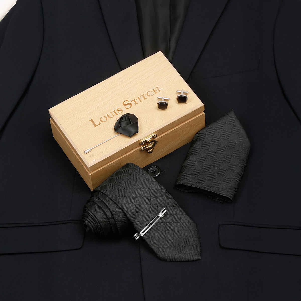 Louis Stitch Men's Silk Necktie Set | Black - Standard