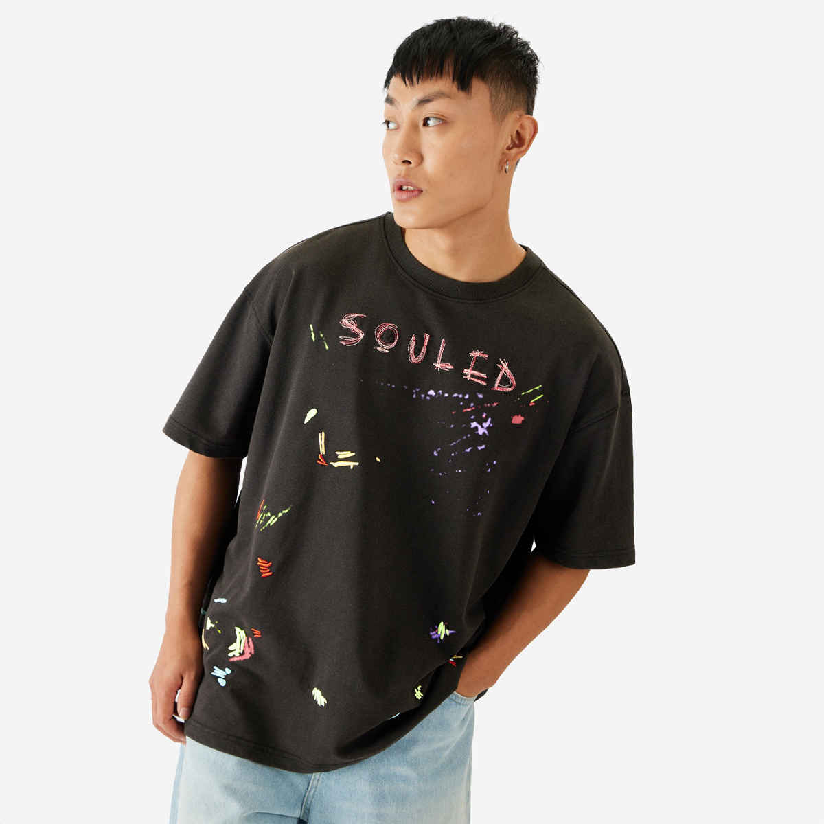 The Souled Store Men's TSS Originals Stitch Oversized T-shirt | Grey - S