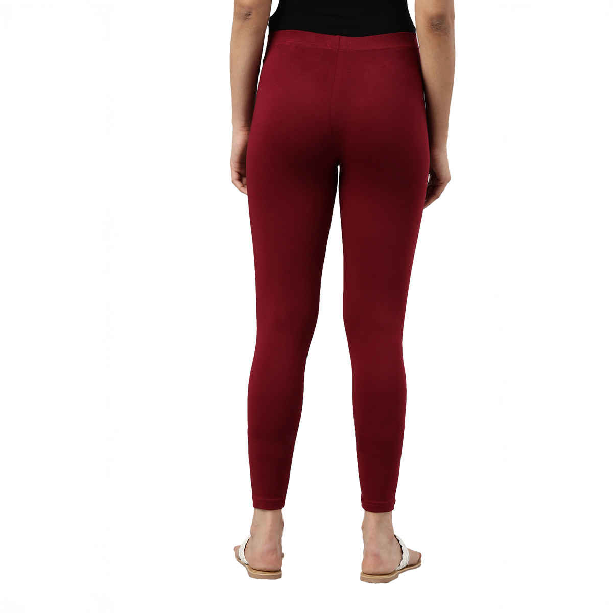 Go Colors Women's Solid Mid Rise Ankle Length Leggings | Maroon - 2XL