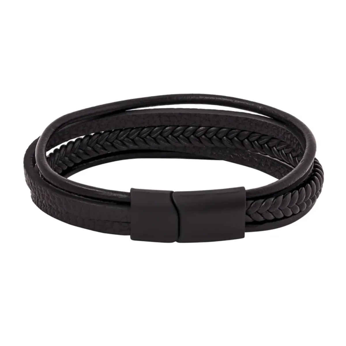 Yellow Chimes Black Leather Magnetic-Clasp Bracelet for Men Stylish Gift