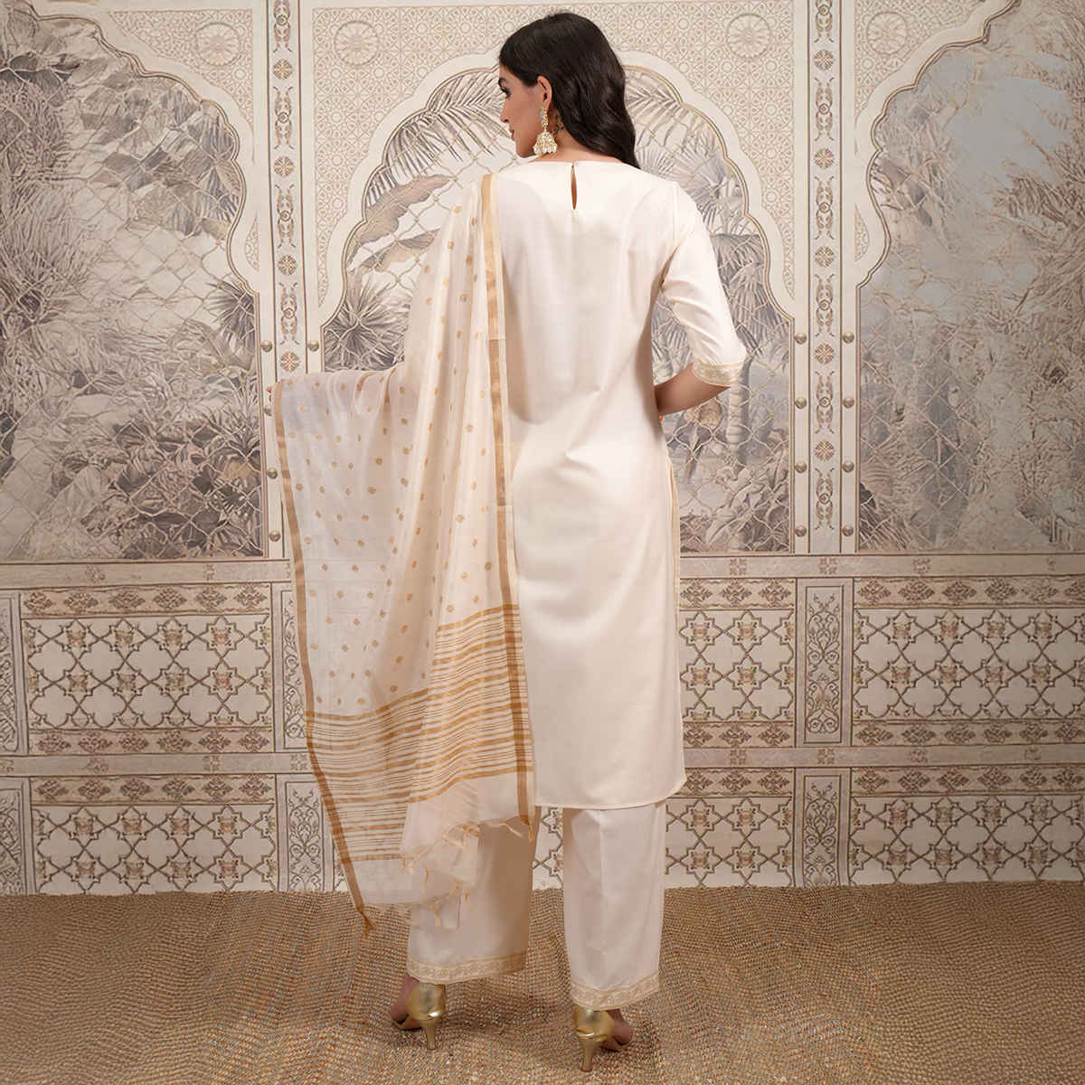 Vishudh Women's Foil Print Straight Kurta with Cropped Palazzo with Dupatta | PVK3000037 | Cream -M