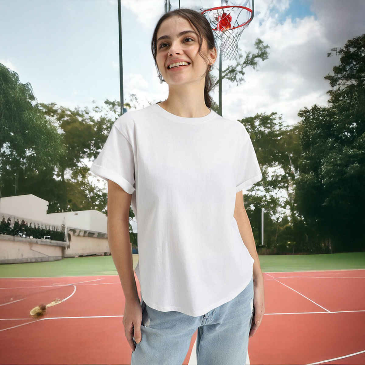 Juneberry White Oversized Fit Boyfriend T-shirt for Women - L