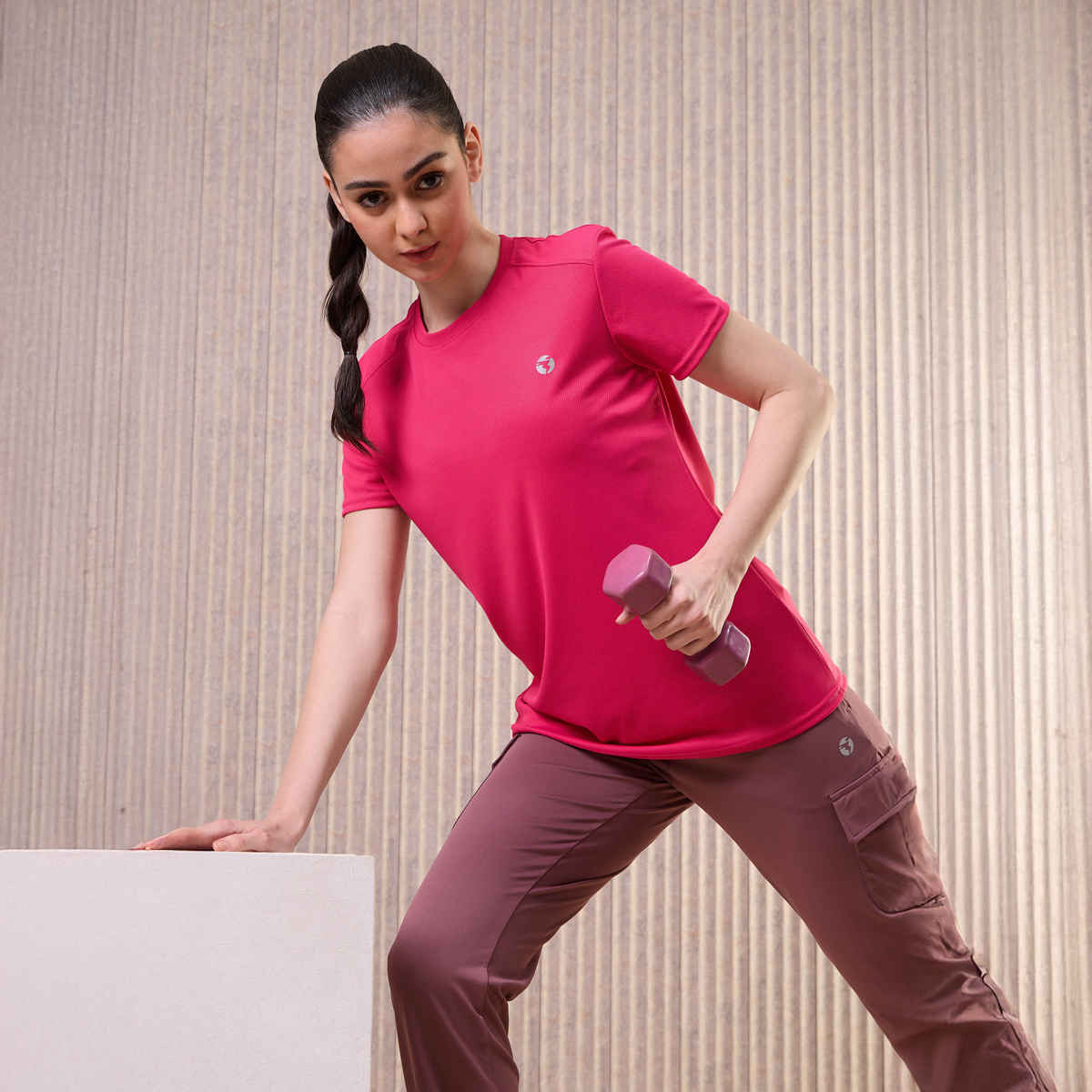 Technosport Women Solid Slim Fit Round Neck Sports T-shirt with Techno CooL Bubble | Pink - L