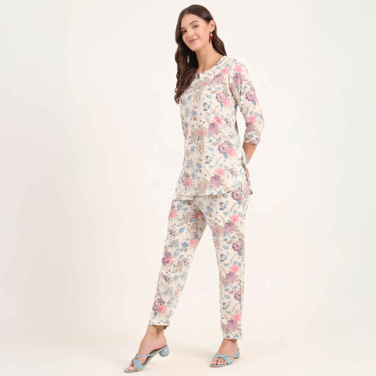 Divena Women's Cotton Floral Printed Night Suits | DK0292 | Cream - M