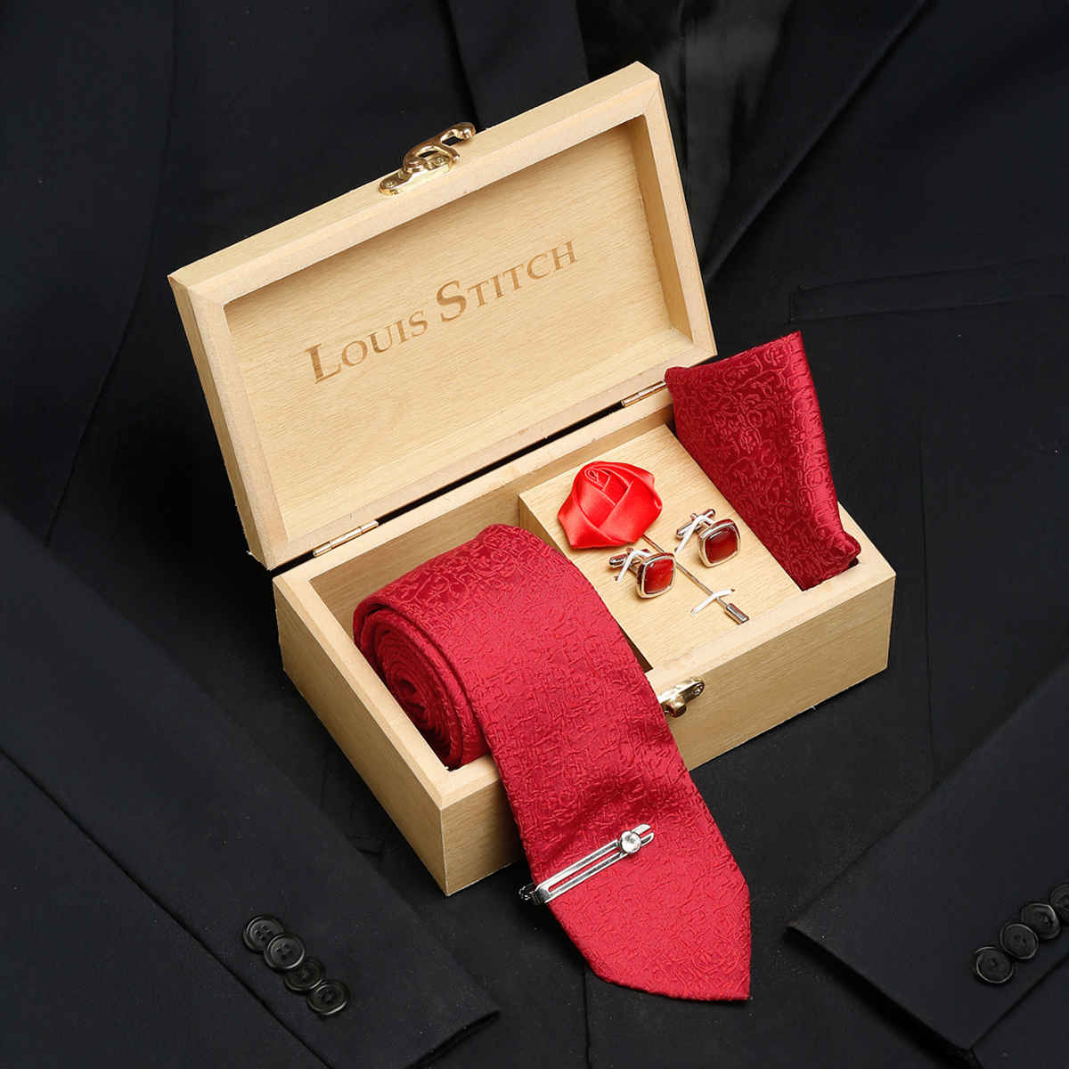 Louis Stitch Men's Silk Necktie Set | Indian Red - One Size